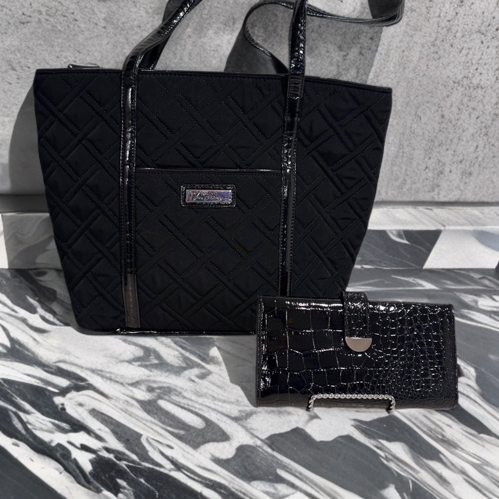 Set Vera Bradley Small Trimmed Tote Cotton & Leather In Black + Wallet EUC
